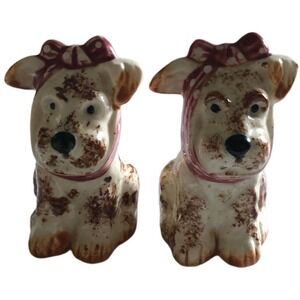 JAPANESE SPOTTED TOOTHACHE DOG RED BOW 3 5/8" SALT & PEPPER SHAKERS 1950's